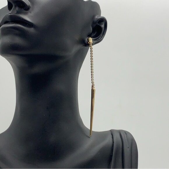 Spear Drop Linear Crystal Earrings in Gold Tone - Picture 2 of 7